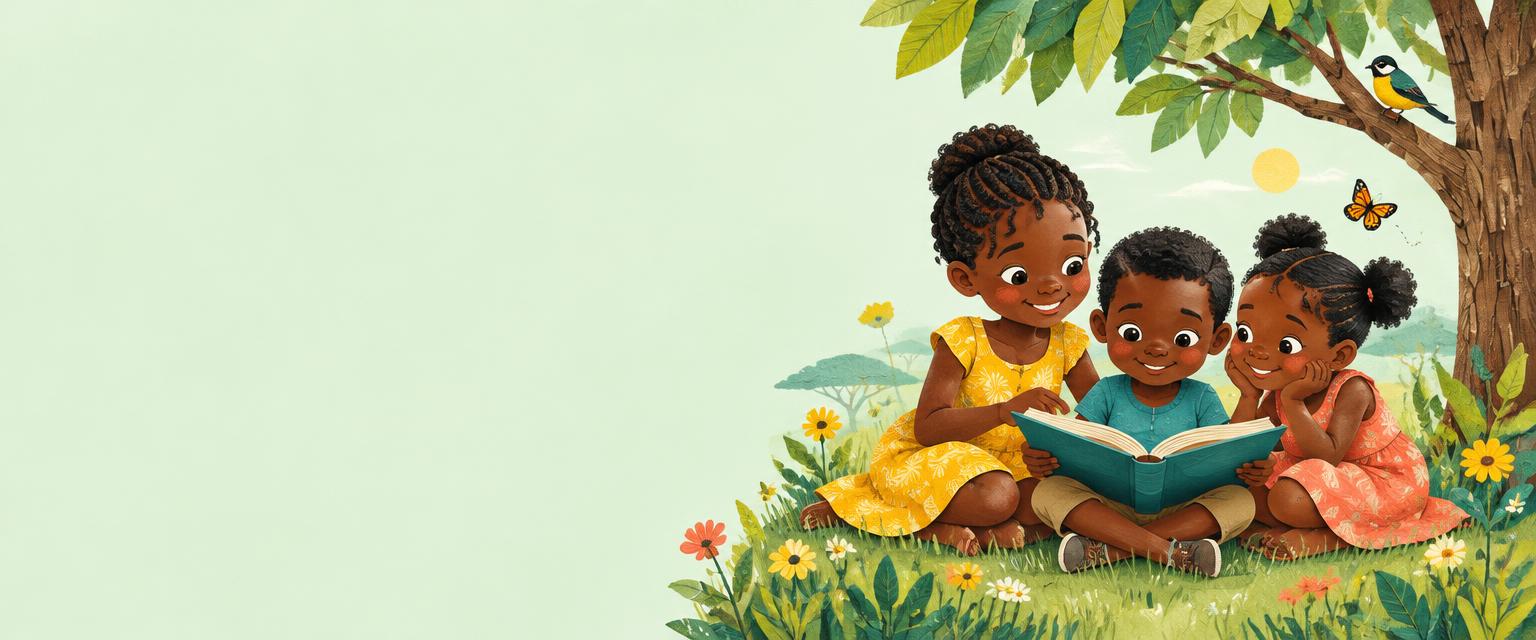Children sharing a book under a tree